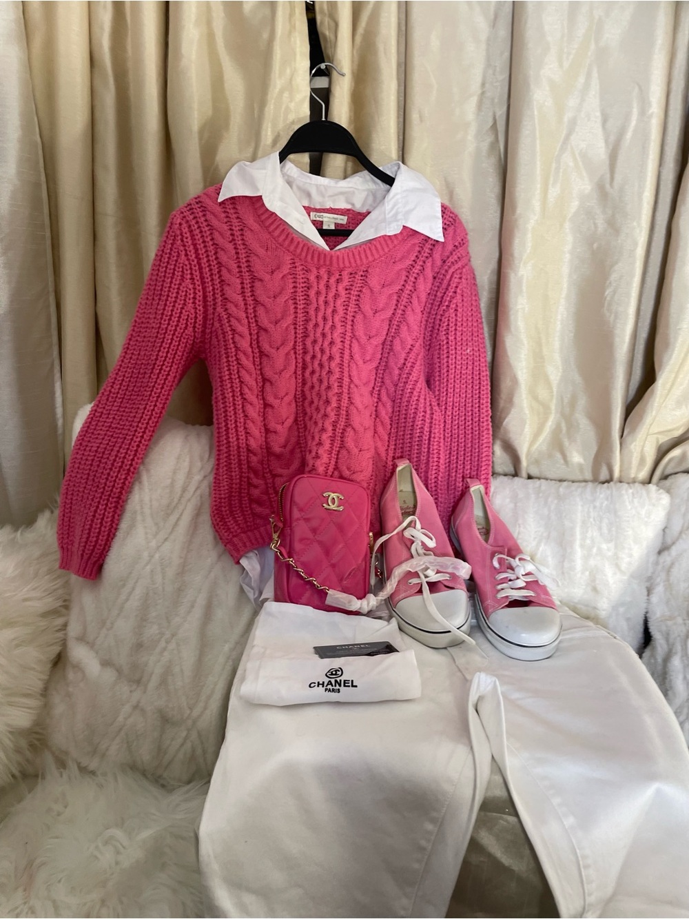 Pink Cato Cable Knit V-Neck Sweater S Faded Glory Sneakers 8 - Chanel Purse